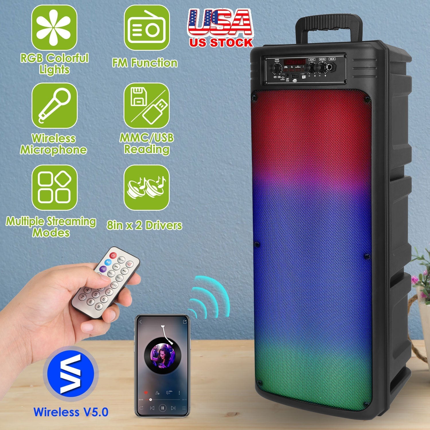 Portable Wireless Party Speaker Dual 8in Colorful Lights DJ PA System with TWS Function FM Radio USB MMC Card Reading Aux In Recording Function Wirele