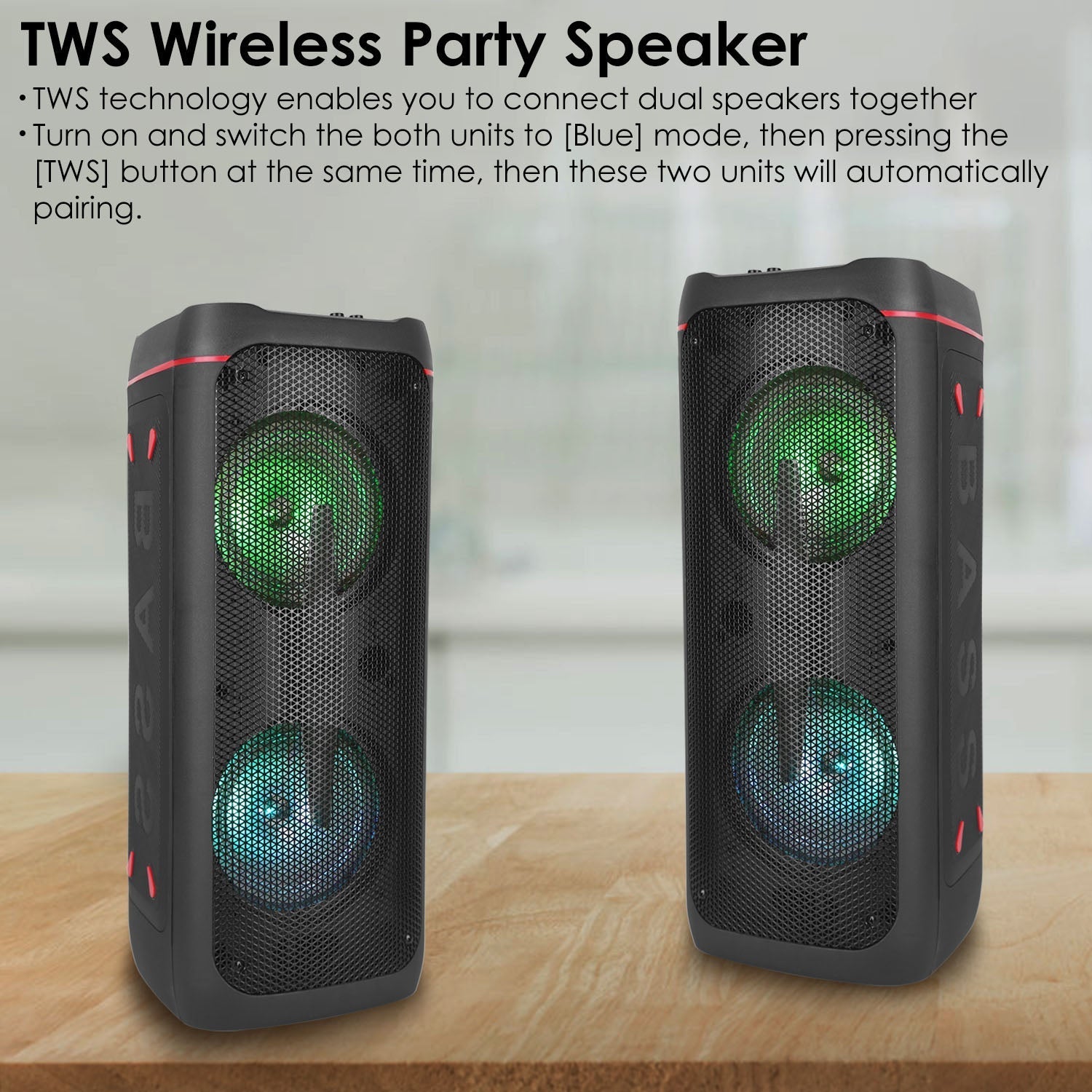 Portable Wireless Party Speaker RGB Colorful Lights DJ PA System with TWS Function FM Radio USB MMC Card Reading Aux In Recording Function Mic Priorit