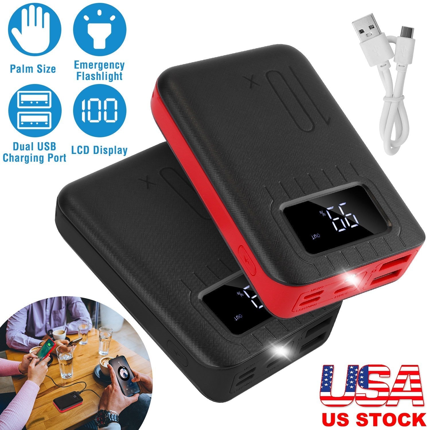 10000mAh Portable Power Bank External Battery Pack Charger Dual USB Charge Ports with LCD Display Flashlight Type C Micro USB Lightning Input Ports