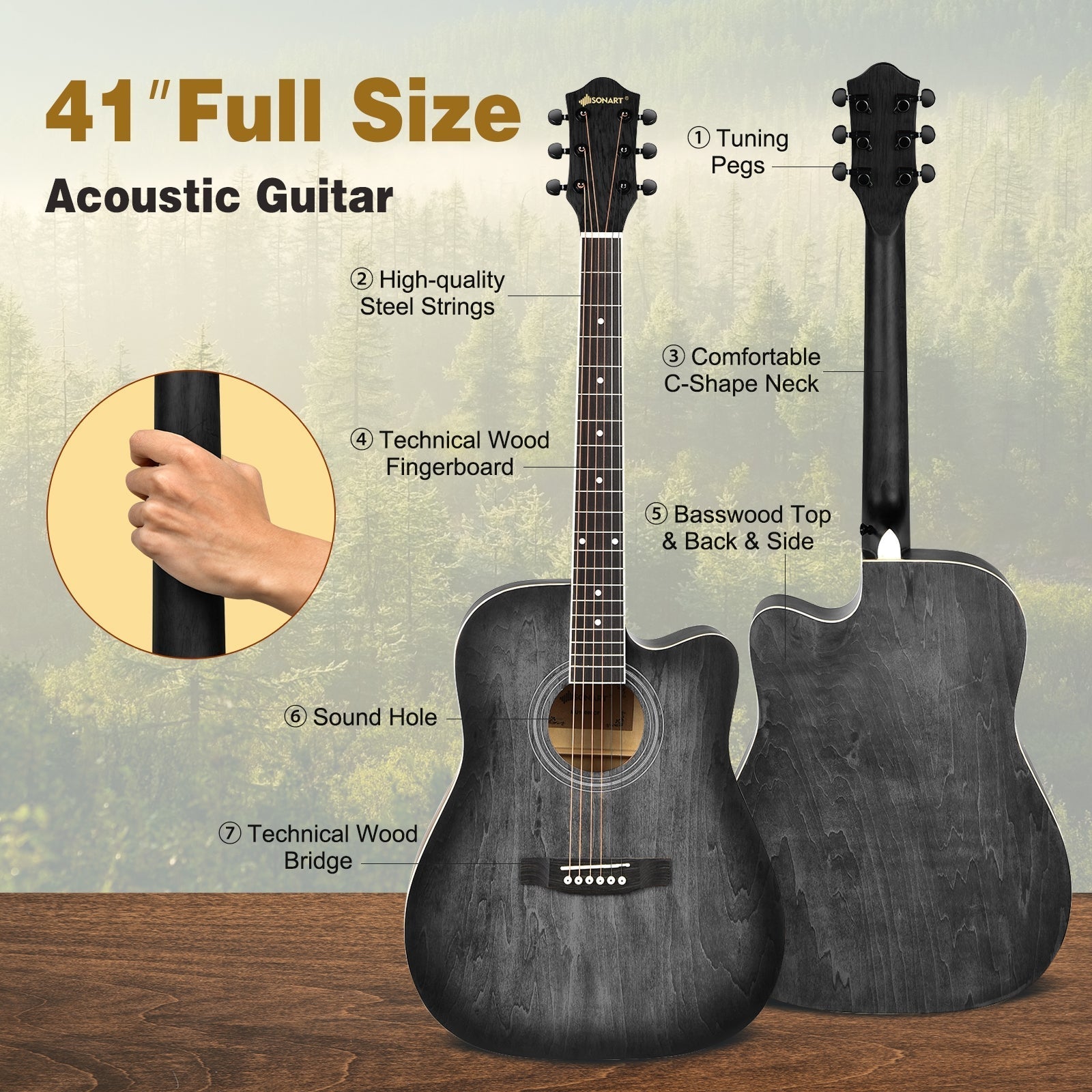 41 Inch Full Size Cutaway Acoustic Guitar Set for Beginner