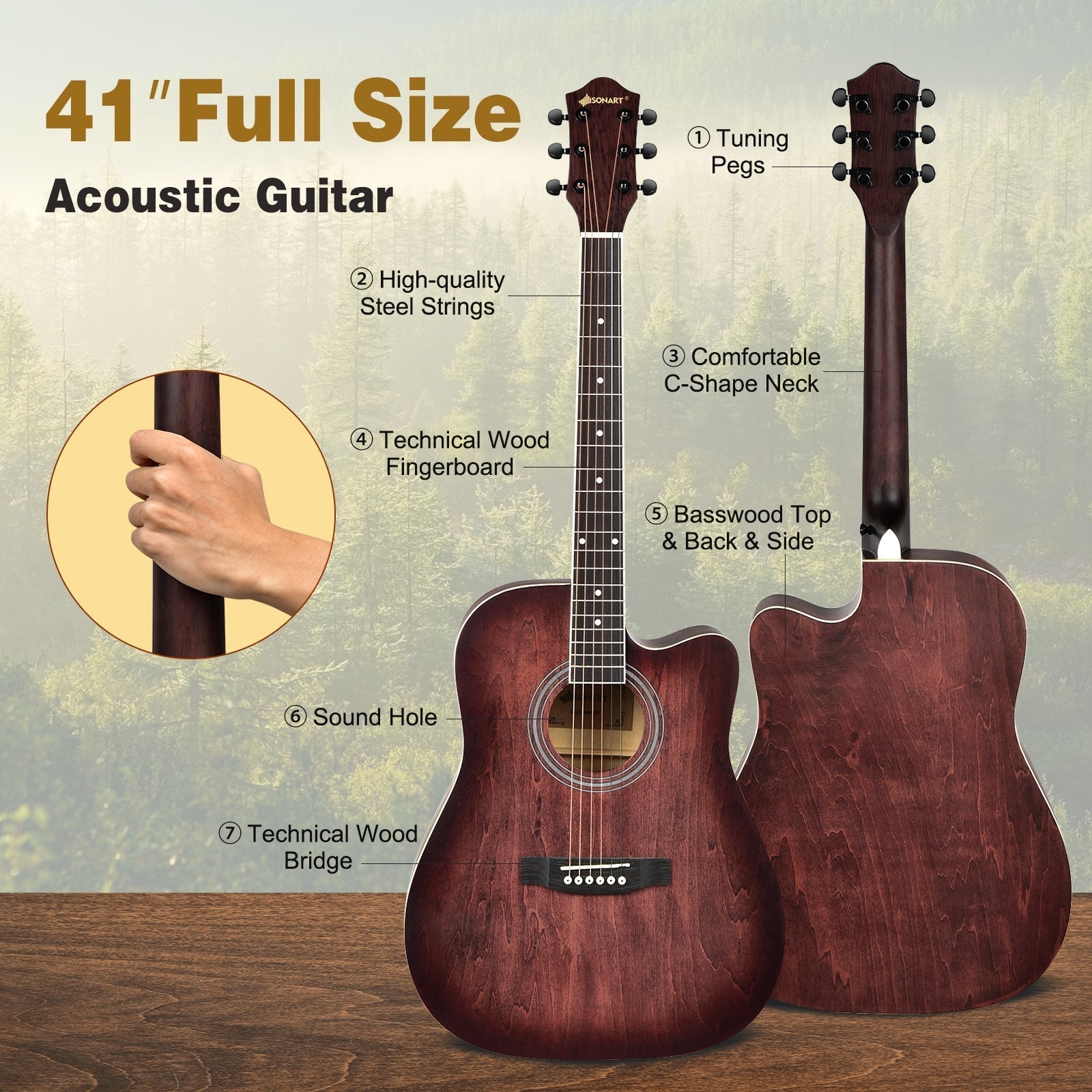 41 Inch Full Size Cutaway Acoustic Guitar Set for Beginner