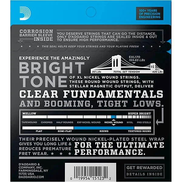 D’Addario EXL170 XL Nickel Bass Strings – 45-100 Regular Light (Long Scale)