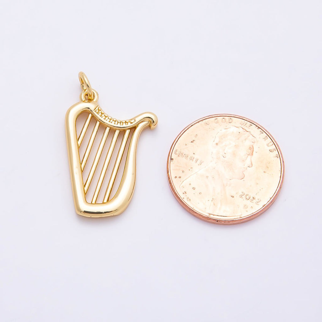 16K Gold Filled 15mm Minimalist Harp Musical Instrument Charm | Charms-00861