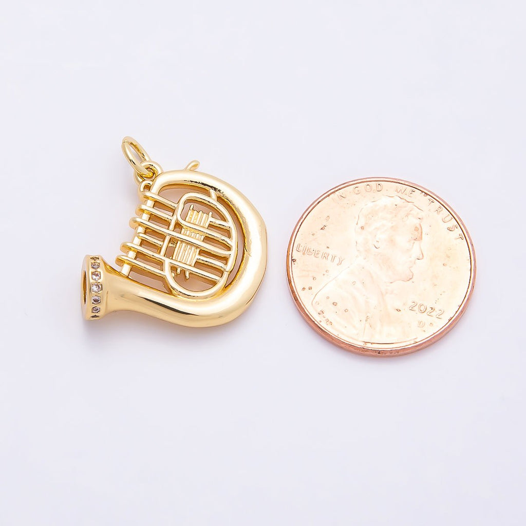 16K Gold Filled 18mm Micro Paved CZ French Horn Musical Instrument Charm | Charms-00859