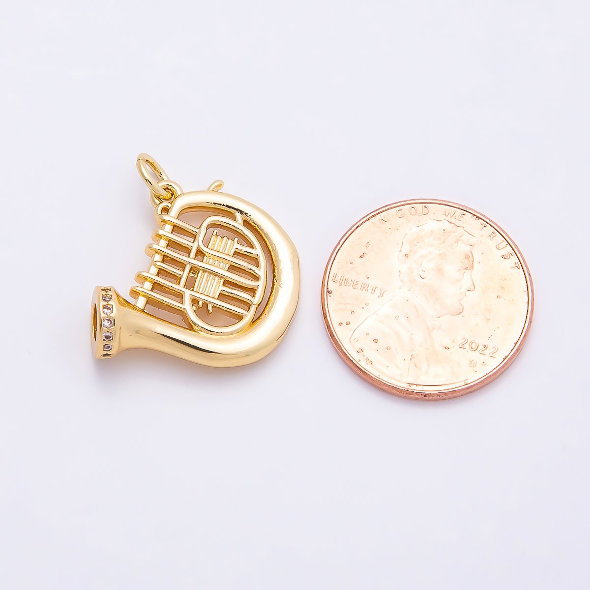 16K Gold Filled 18mm Micro Paved CZ French Horn Musical Instrument Charm | Charms-00859