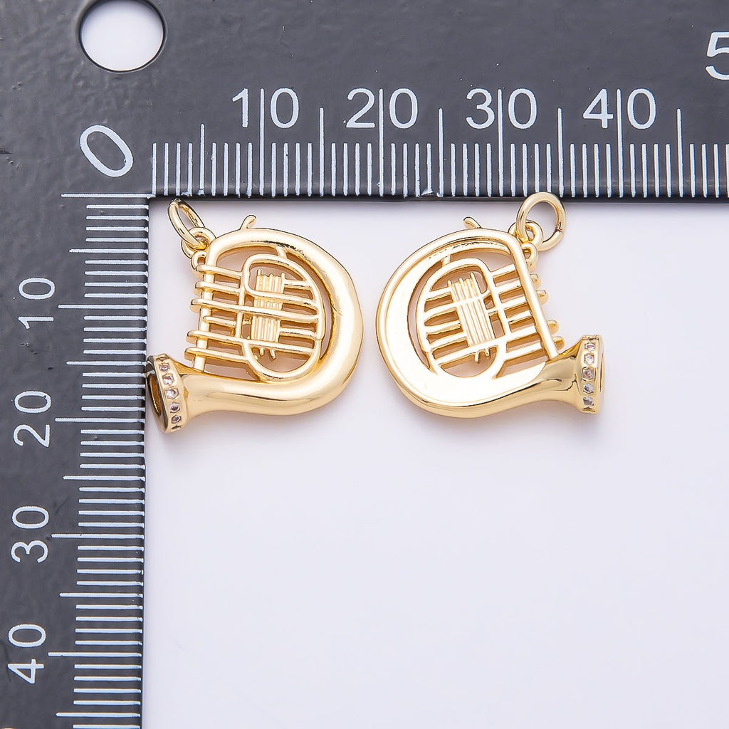 16K Gold Filled 18mm Micro Paved CZ French Horn Musical Instrument Charm | Charms-00859