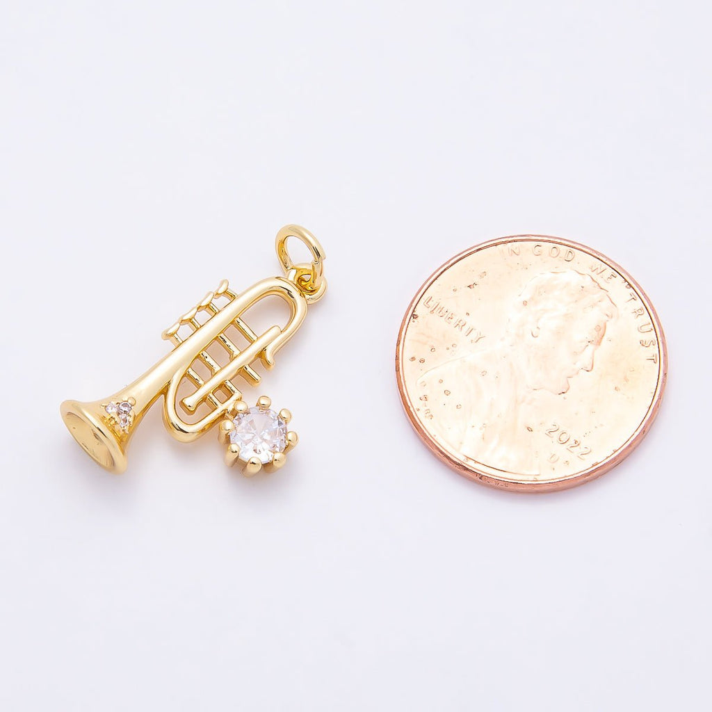 16K Gold Filled 20mm Clear CZ Trumpet Musical Instrument Charm | Charms-00858