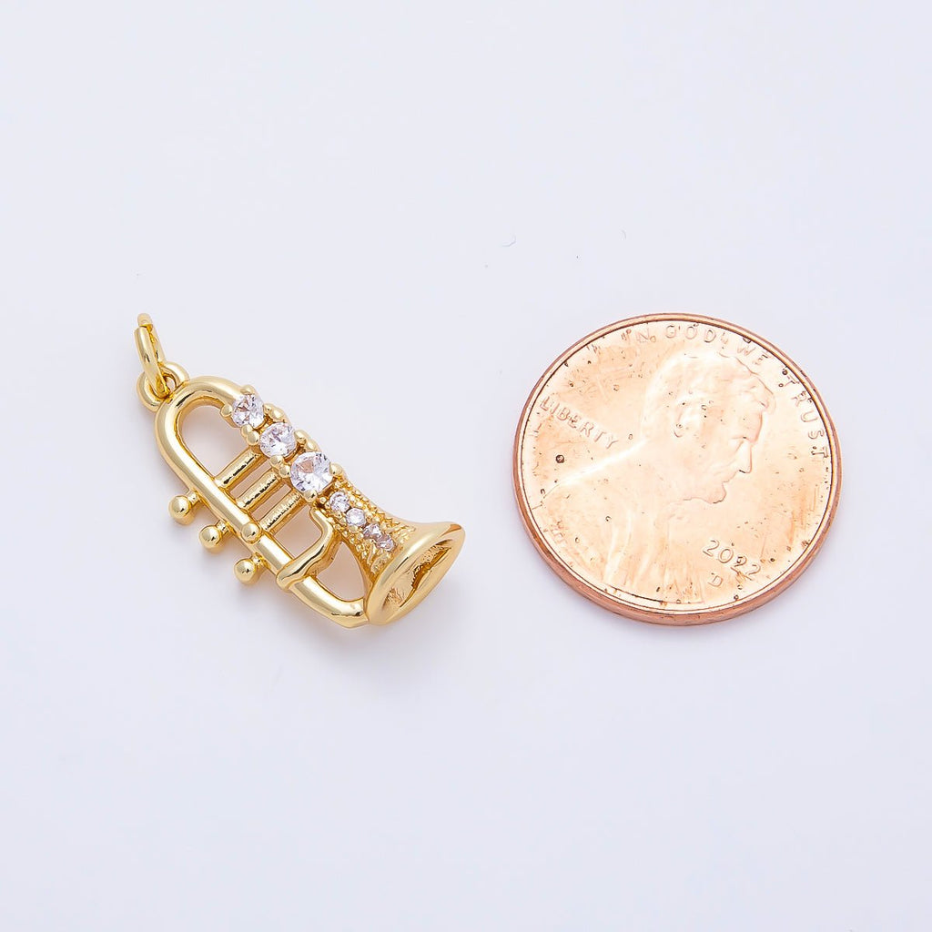 16K Gold Filled 20mm Micro Paved CZ Trumpet Musical Instrument Charm | Charms-01202
