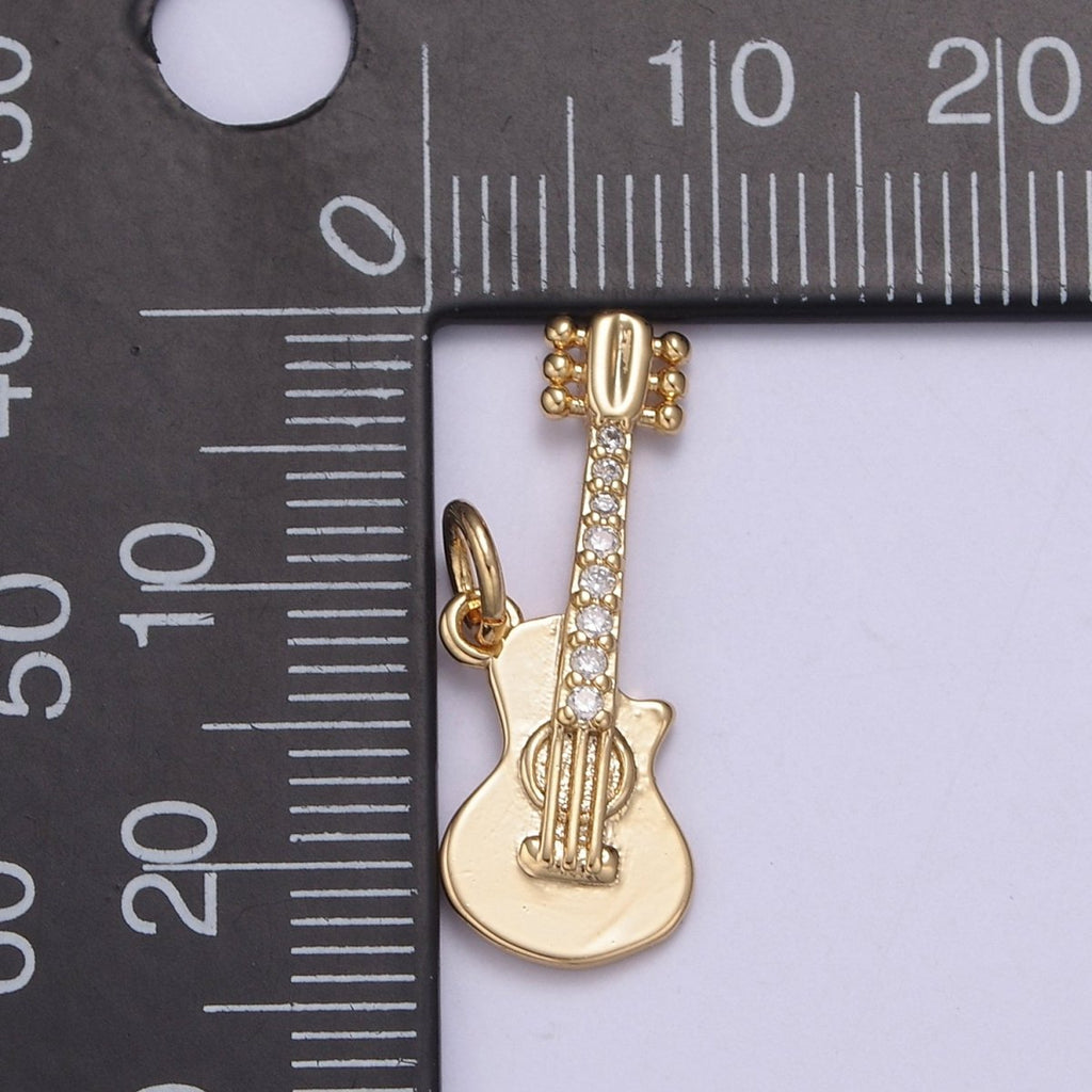 16k Gold Filled Rock n Roll Tiny Guitar Charm Musician Guitarist with CZ Pendant Necklace N-429