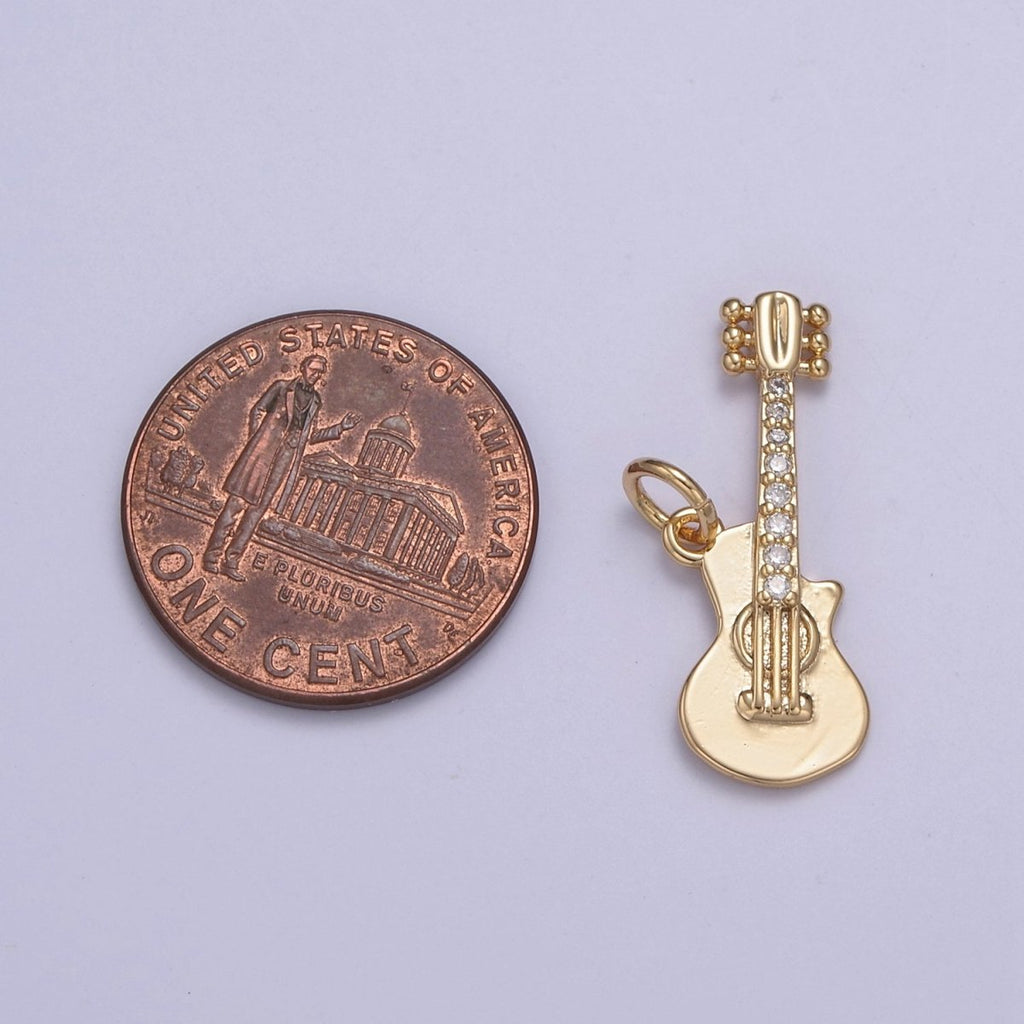 16k Gold Filled Rock n Roll Tiny Guitar Charm Musician Guitarist with CZ Pendant Necklace N-429