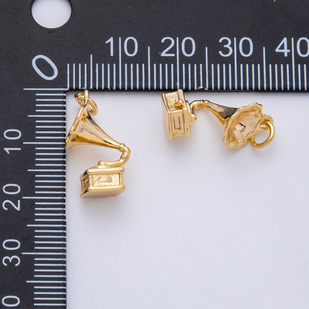 18K Gold Filled 18.5mm 3D Multidimensional Music Gramophone Vinyl Record Player | Charms-00293