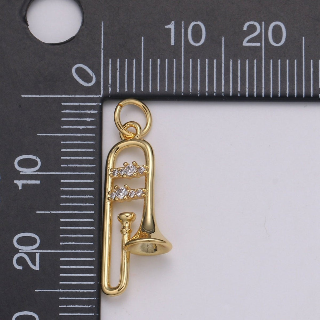 24K Gold Micro Pave CZ Music Trumpet Pendant Charm, Musical Pendant Charm, Music Pendant, For DIY Jewelry, E-201