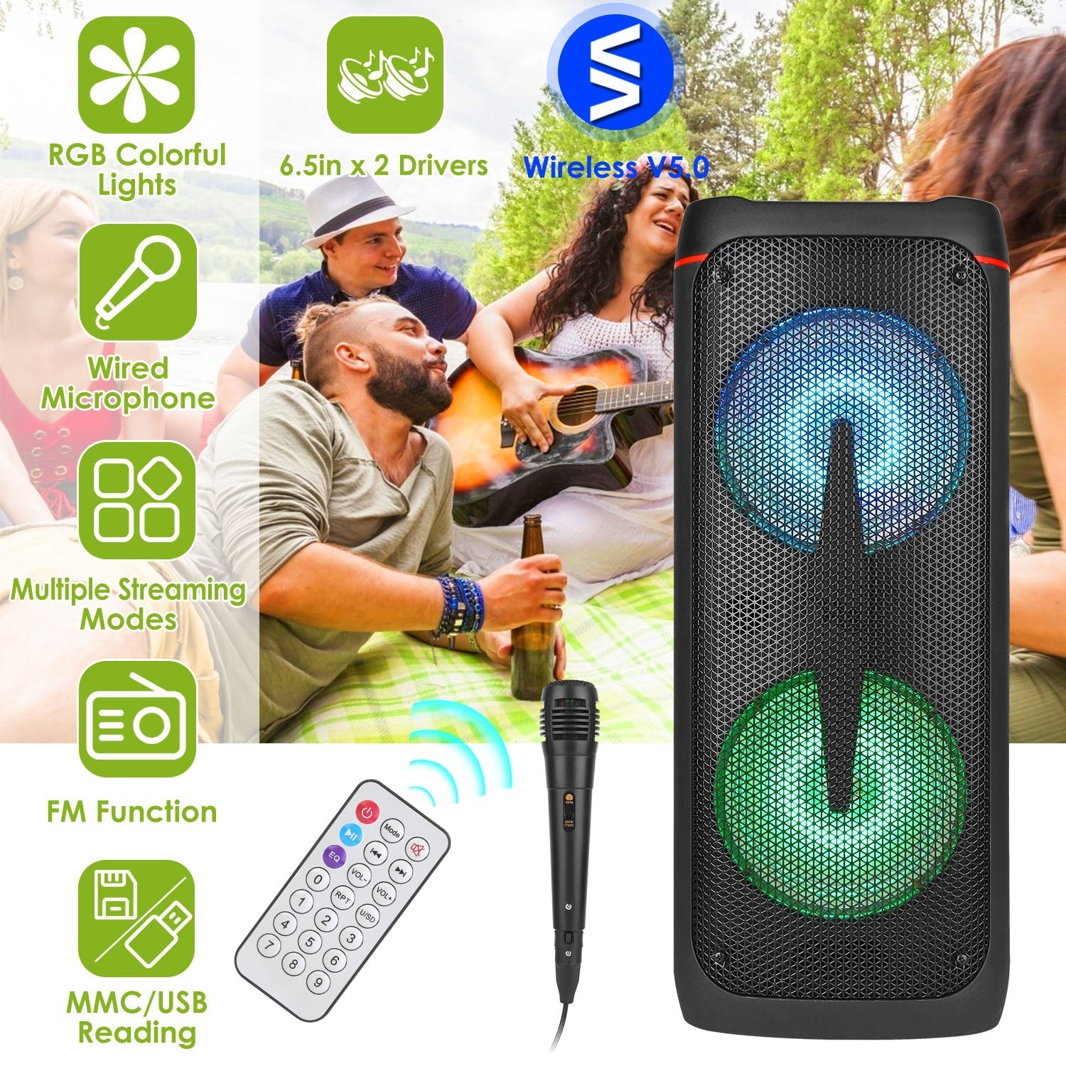 Portable Wireless Party Speaker RGB Colorful Lights DJ PA System with TWS Function FM Radio USB MMC Card Reading Aux In Recording Function Mic Priorit