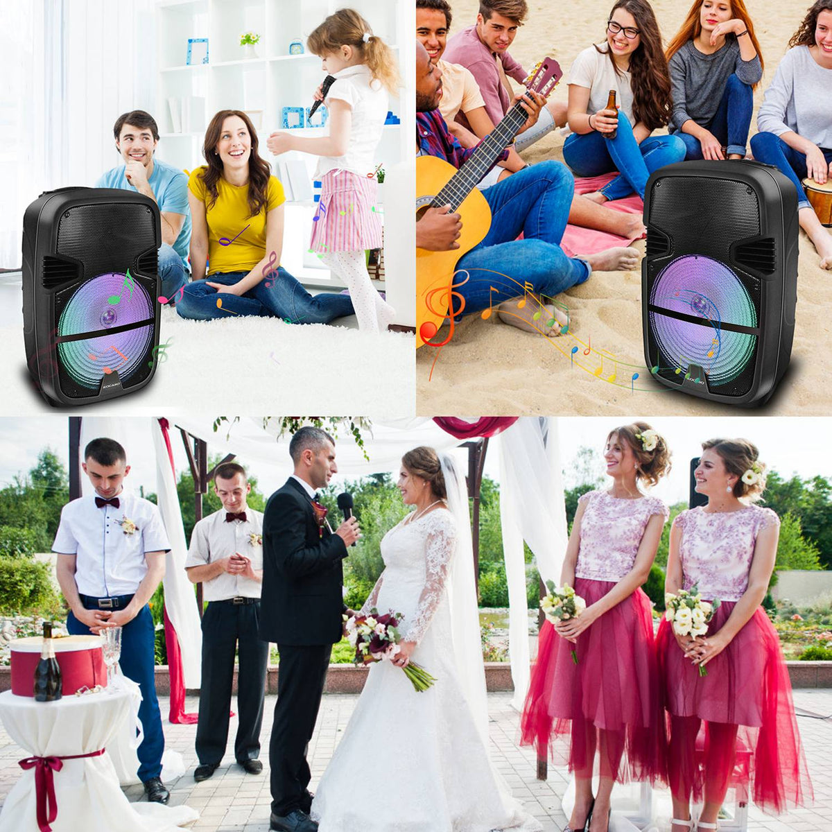 KOCASO Wireless Speaker Portable PA Karaoke System with 15" Subwoofer FM Radio Wired Microphone w/ DJ Lights Remote Control