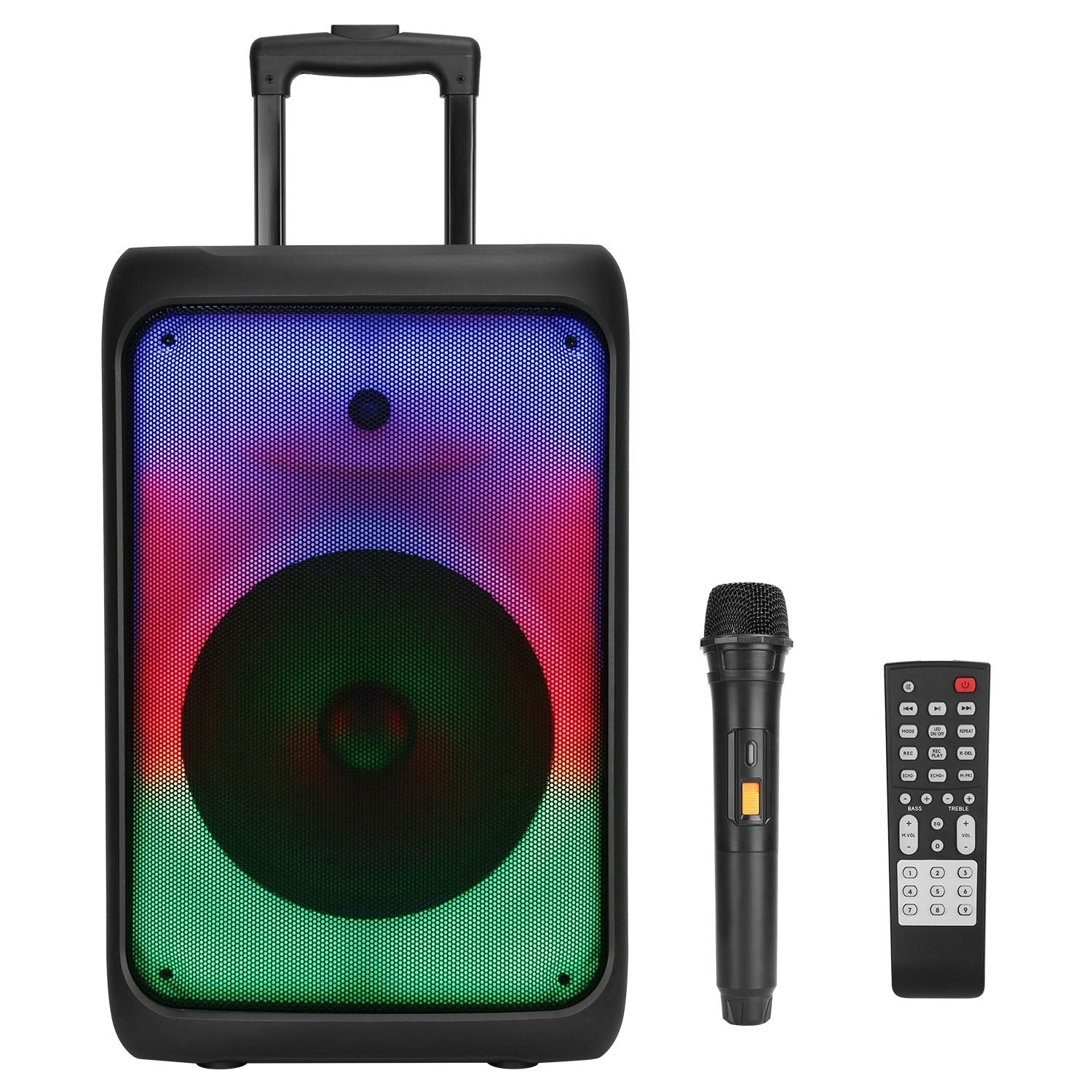 Portable Wireless Party Speaker Party Speaker with with 5 Colorful Lighting Modes TWS FM USB MMC Slot Aux In Recording Mic Priority Trolley Handle 2 W