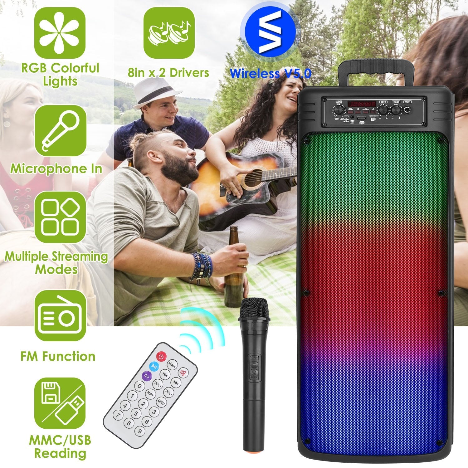 Portable Wireless Party Speaker Dual 8in Colorful Lights DJ PA System with TWS Function FM Radio USB MMC Card Reading Aux In Recording Function Wirele