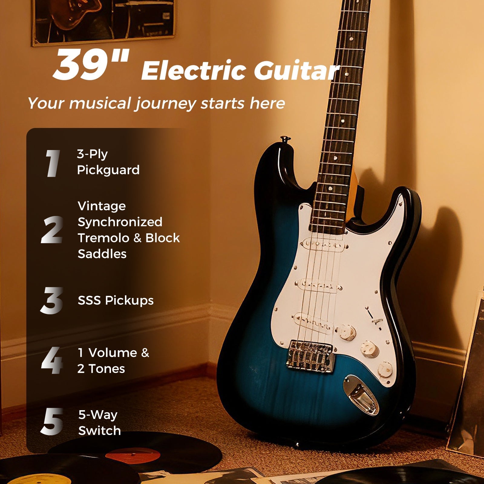 39 Inch Full Size Electric Guitar Beginner Kit with Amplifier for Starter