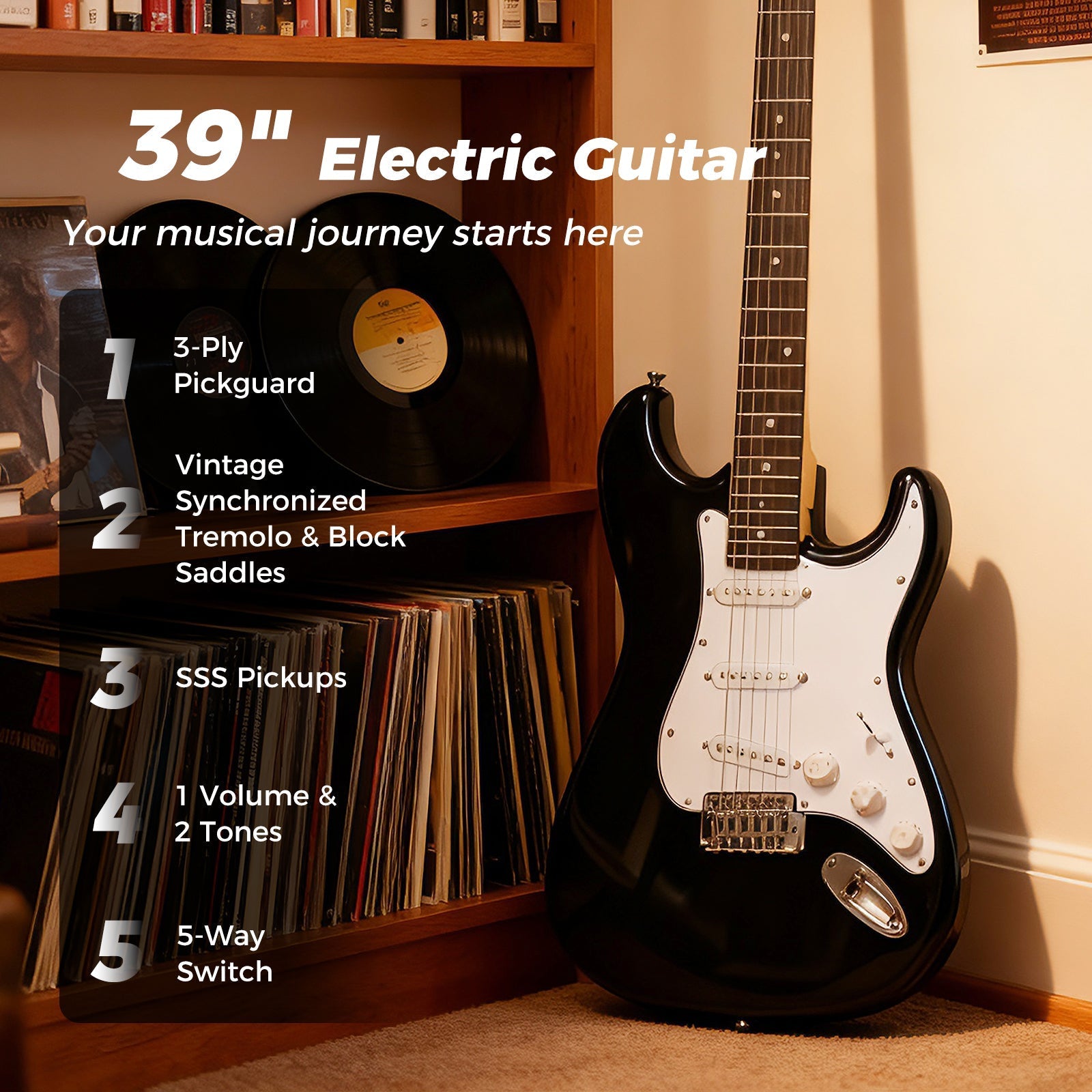 39 Inch Full Size Electric Guitar Beginner Kit with Amplifier for Starter