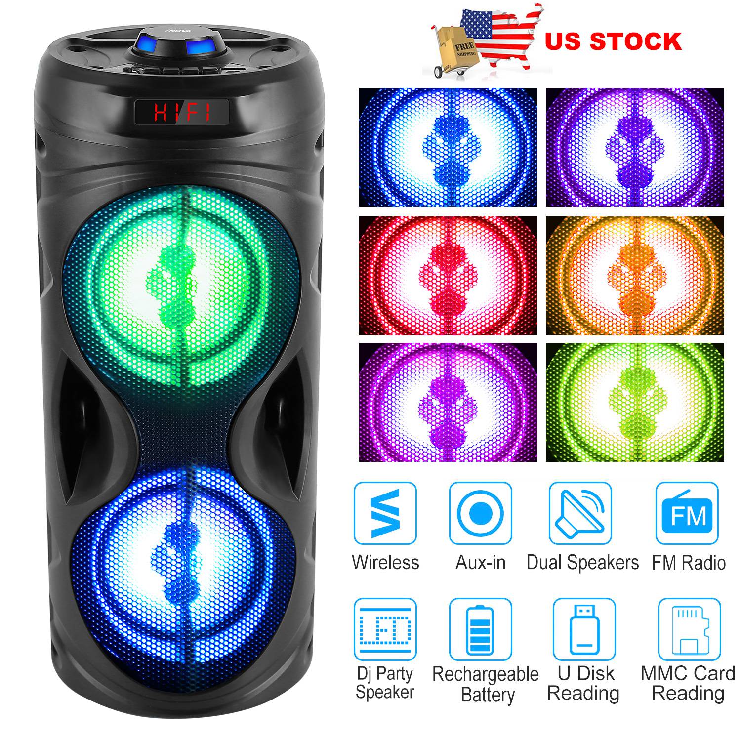 Portable Wireless Party Speaker Karaoke Machine Wireless Speaker with LED DJ Light FM Radio Supports MMC Card/USB Microphone Aux-In for Party Home TV