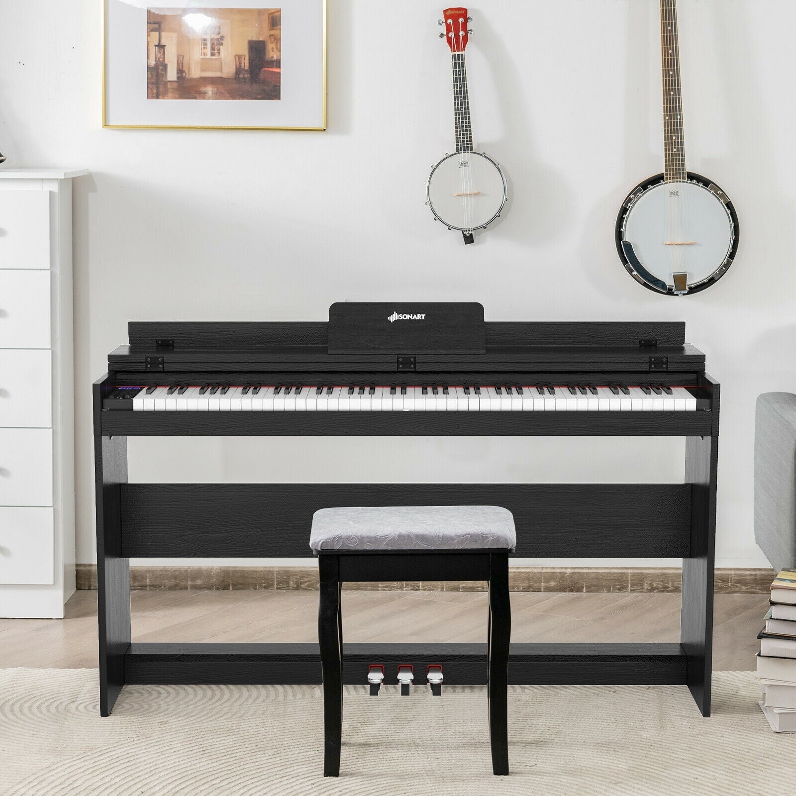 88 Key Full Size Electric Piano Keyboard with Stand 3 Pedals MIDI Function