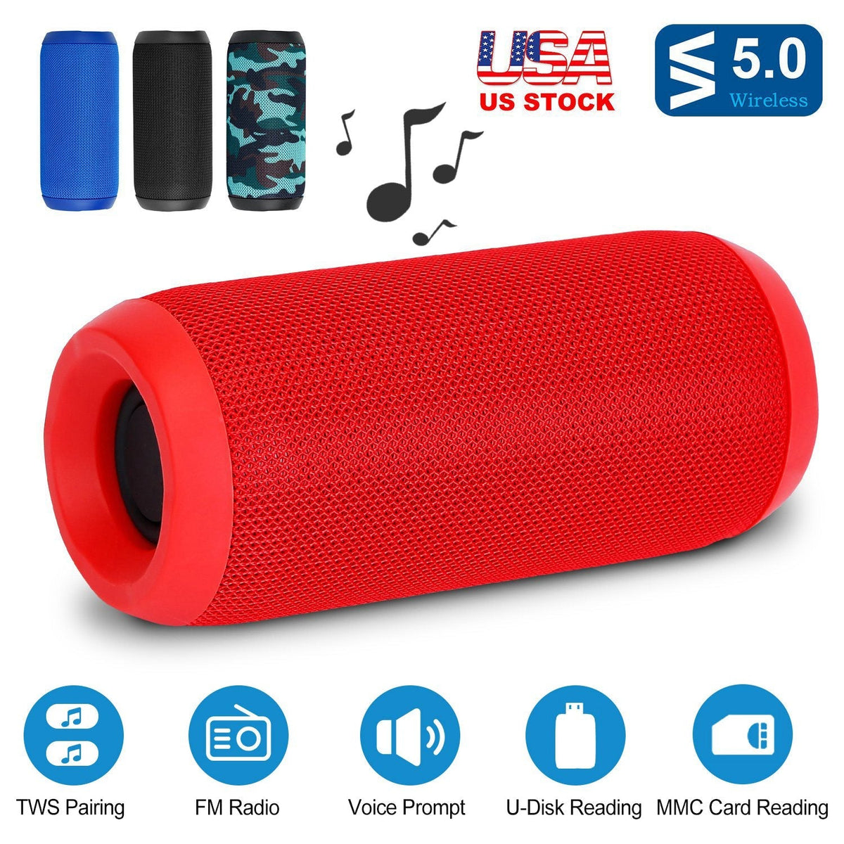 Wireless Speaker Portable TWS Music Speaker IPX5 Waterproof Outdoor Stereo Audio Speaker Support U Disk/MMC Reading FM