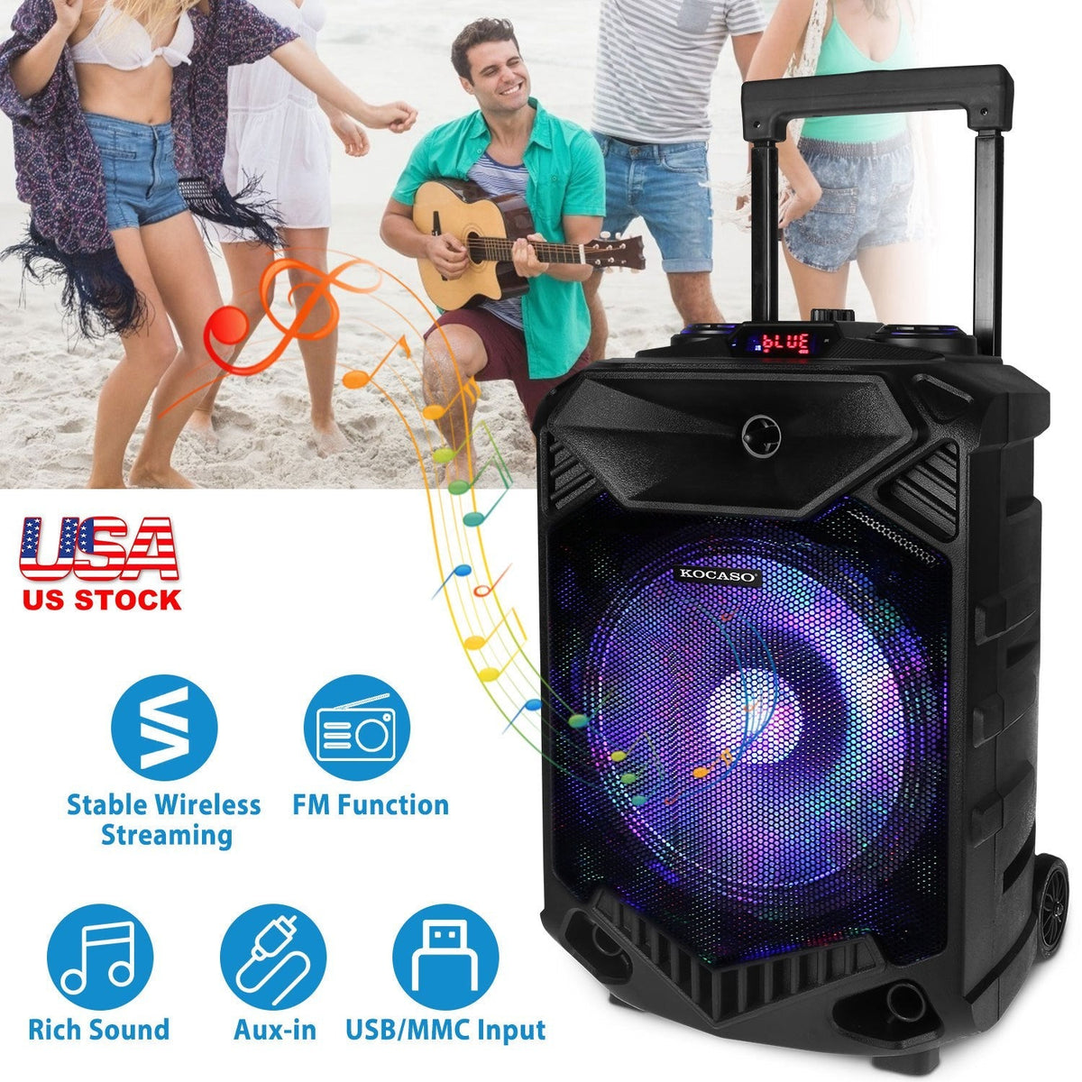 Wireless Party Speaker 12in Woofer Bass Party Speaker w/ Cordless Microphone FM Radio USB Reading MMC Car Slot Aux-In Flashing LED Colorful Lights