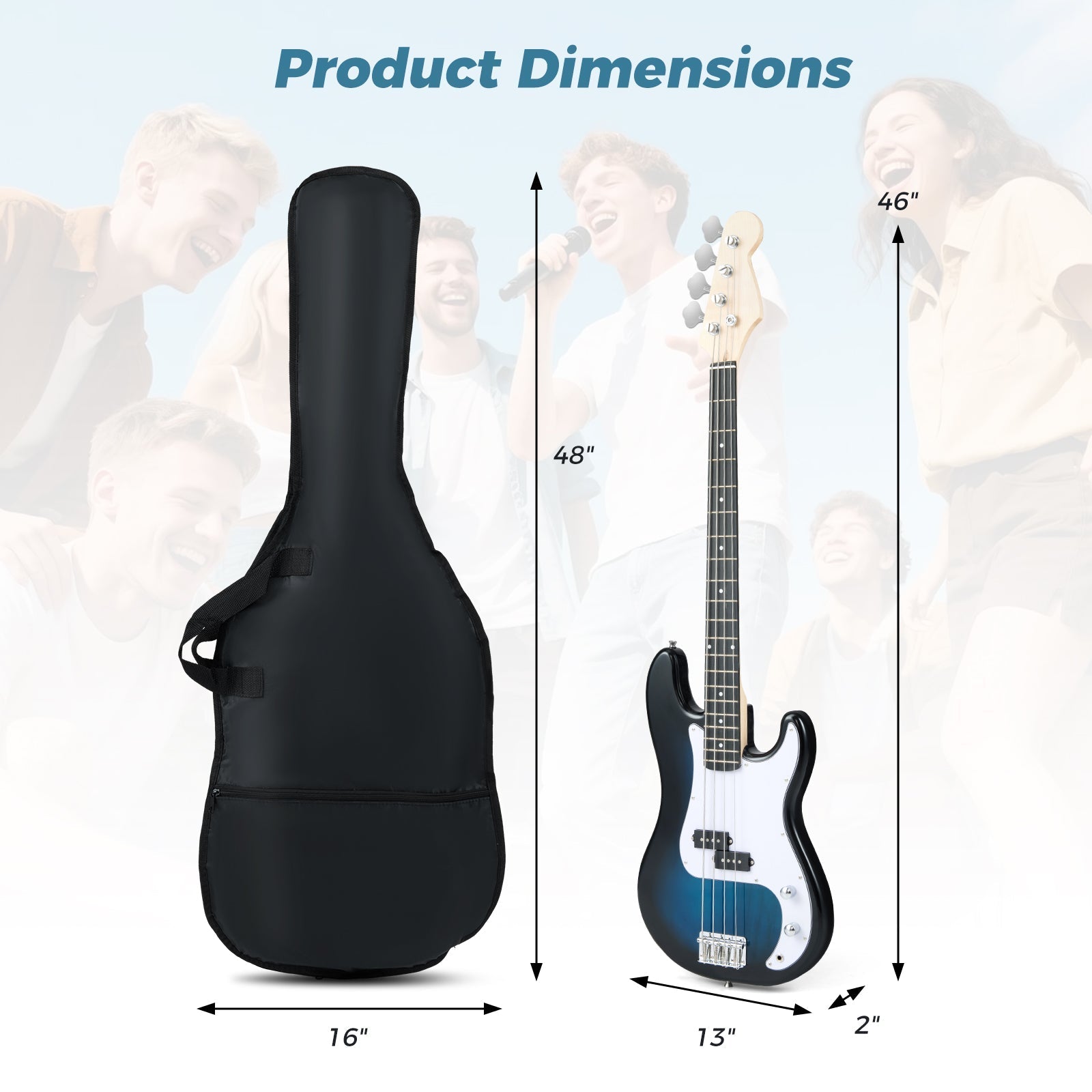 45.5 Inch Electric Bass Guitar with Double Pickups and Gig Bag for Beginners