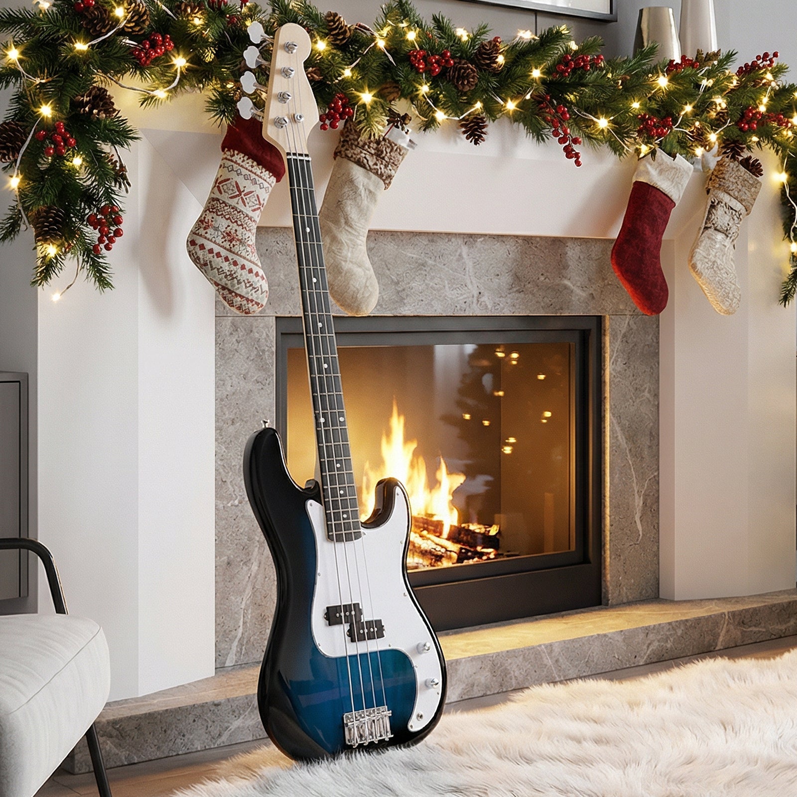 45.5 Inch Electric Bass Guitar with Double Pickups and Gig Bag for Beginners