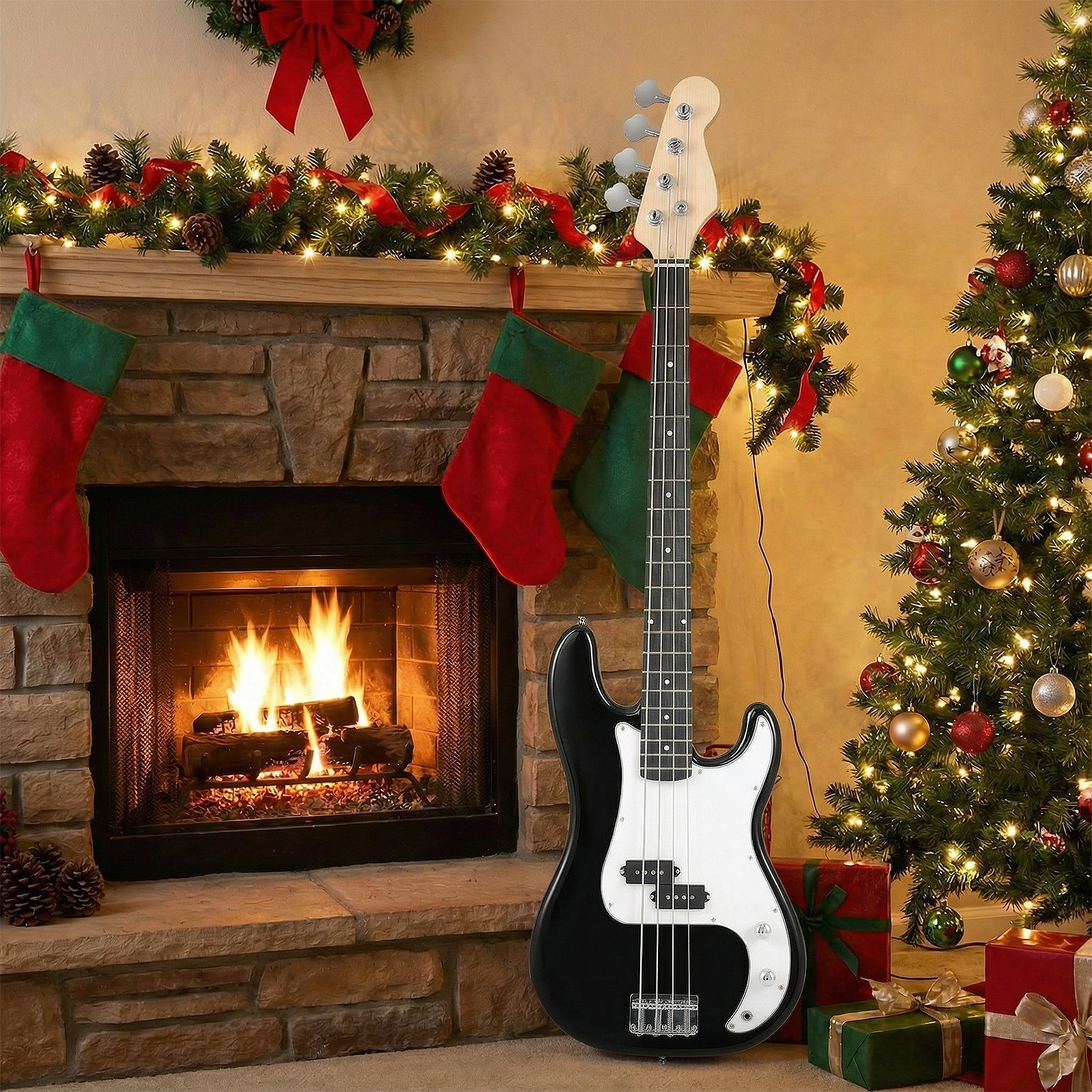 45.5 Inch Electric Bass Guitar with Double Pickups and Gig Bag for Beginners