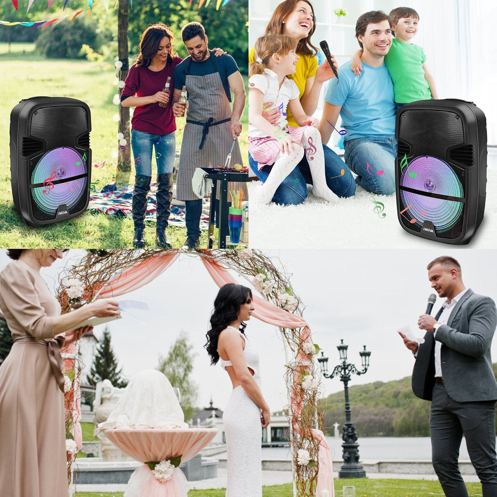 iNOVA Wireless Speaker Portable PA Karaoke System with Wired Microphone 15" Subwoofer Sound System w/ DJ Lights Remote Control