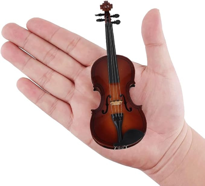 Wooden Miniature Violin Model, 5.5in Mini Musical Instrument Replica Model Handmade Display Accessory with Bow and Case for Room Home Office Decoration Ornament Craft Birthday Gift