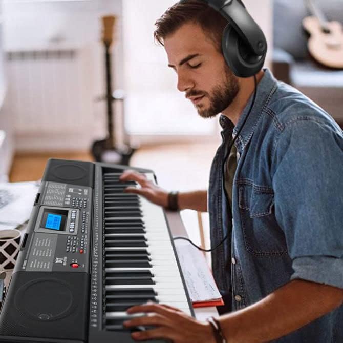 Piano Keyboard, Electric Keyboard Piano with light-Up Key, 255 Tones & Rhythms, Smart Learning System, Headphone/Mic, Stand, Bench, 61 Key Piano Keyboard for Beginners, Kids (Black-1)