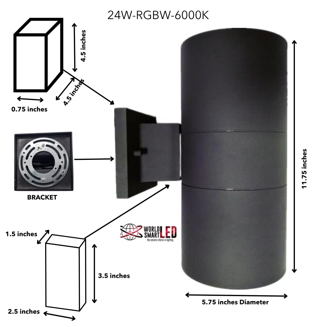 World Smart LED 24W RGBW Modern Outdoor Up Down Light - for Porch Patio Light | Aluminum Cylinder and Tempered Glass Cover | Waterproof Wall Sconce | Multicolor- 24W RGBW - 6000K Cool White
