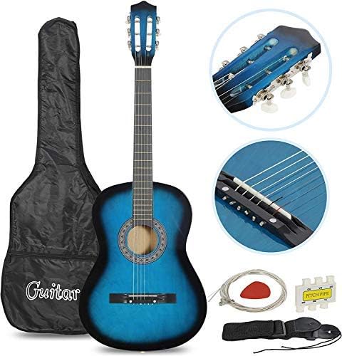 Smartxchoices 6 String 38" Acoustic Guitar w/Gig Bag Strap Pitch Pipe Extra Strings Set Pick for Kids Beginners Starter Youths Students Right-handed（Blue）