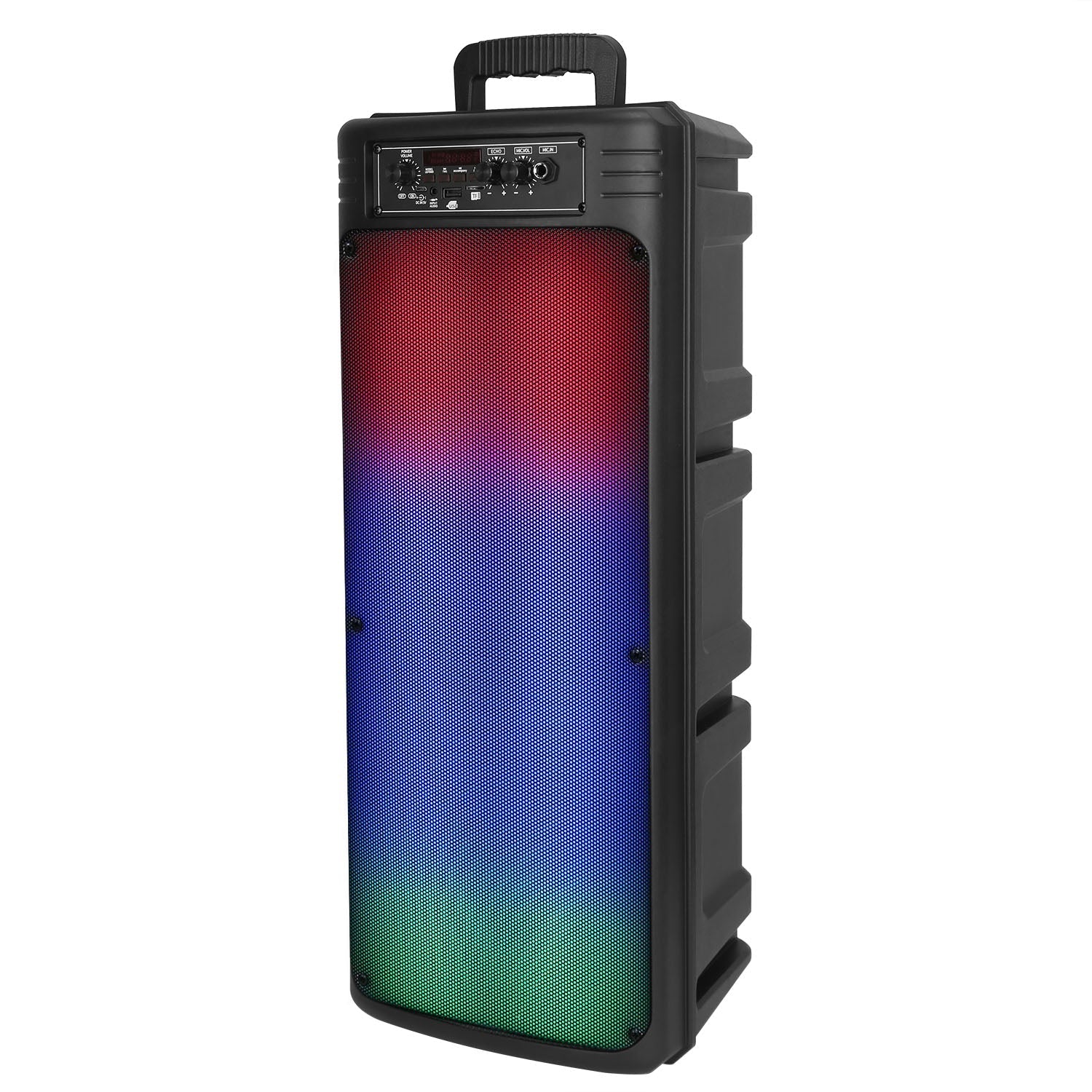 Portable Wireless Party Speaker Dual 8in Colorful Lights DJ PA System with TWS Function FM Radio USB MMC Card Reading Aux In Recording Function Wirele