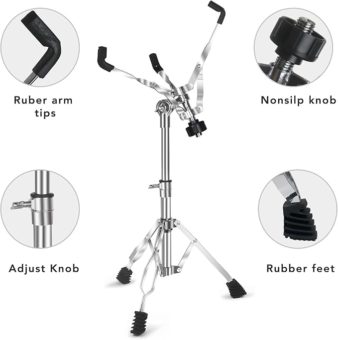 Snare Drum Stand Snare Stand with Drumstick Holder and a Pair of 5A Drum Sticks Fit for 8 to 15 Inch Snare Drum and Practice Pad, Adjustable Height 15.8 to 22.8 Inches for Drum Beginners