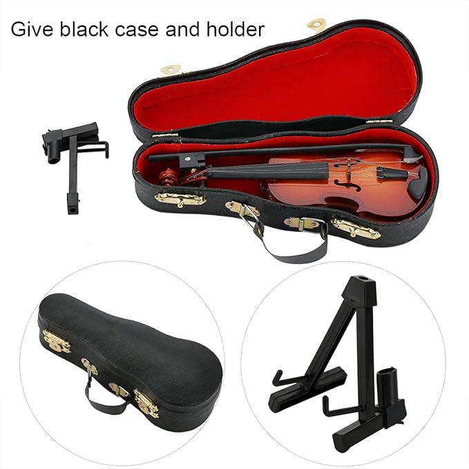 Wooden Miniature Violin Model, 5.5in Mini Musical Instrument Replica Model Handmade Display Accessory with Bow and Case for Room Home Office Decoration Ornament Craft Birthday Gift