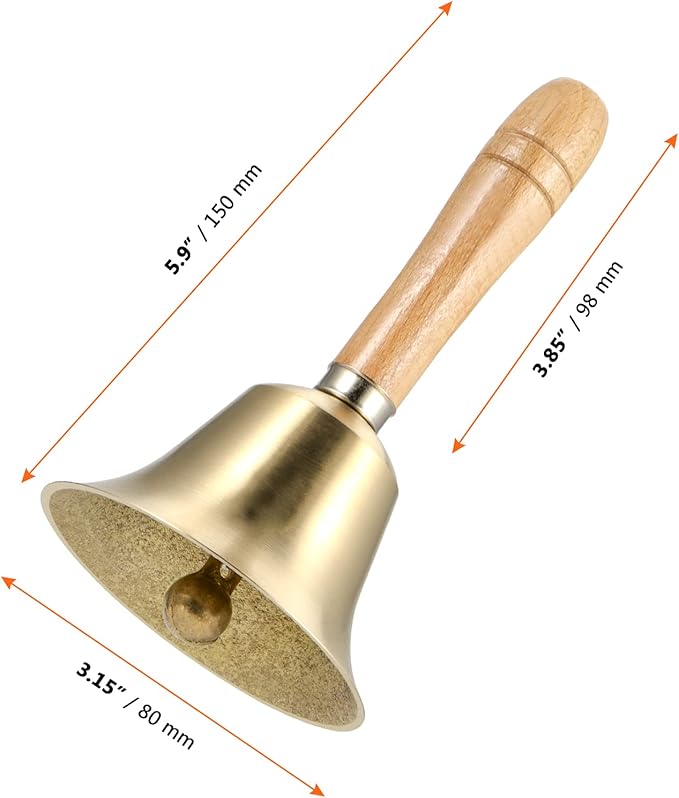 SINJEUN 4 PCS 6 Inch Brass Hand Bell, Solid Brass Hand Call Bells with Wooden Handle, Loud Ringing Bell Restaurant Call Service Bell for Christmas, School, Home, Restaurant, Bride Wedding