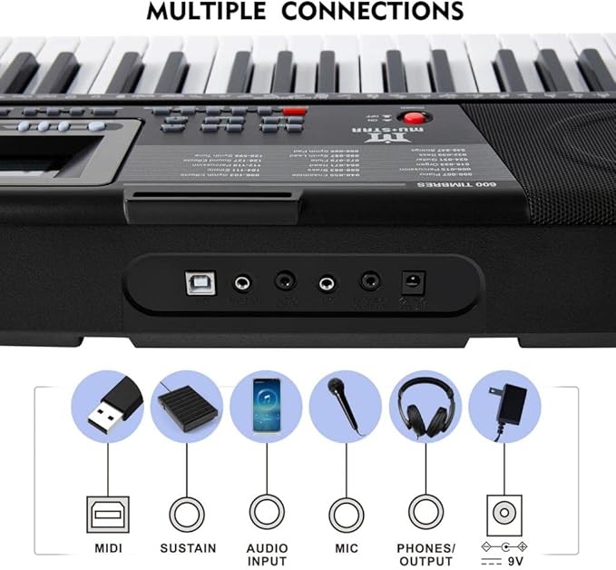 Piano Keyboard, Electric Keyboard Piano with light-Up Key, 255 Tones & Rhythms, Smart Learning System, Headphone/Mic, Stand, Bench, 61 Key Piano Keyboard for Beginners, Kids (Black-1)