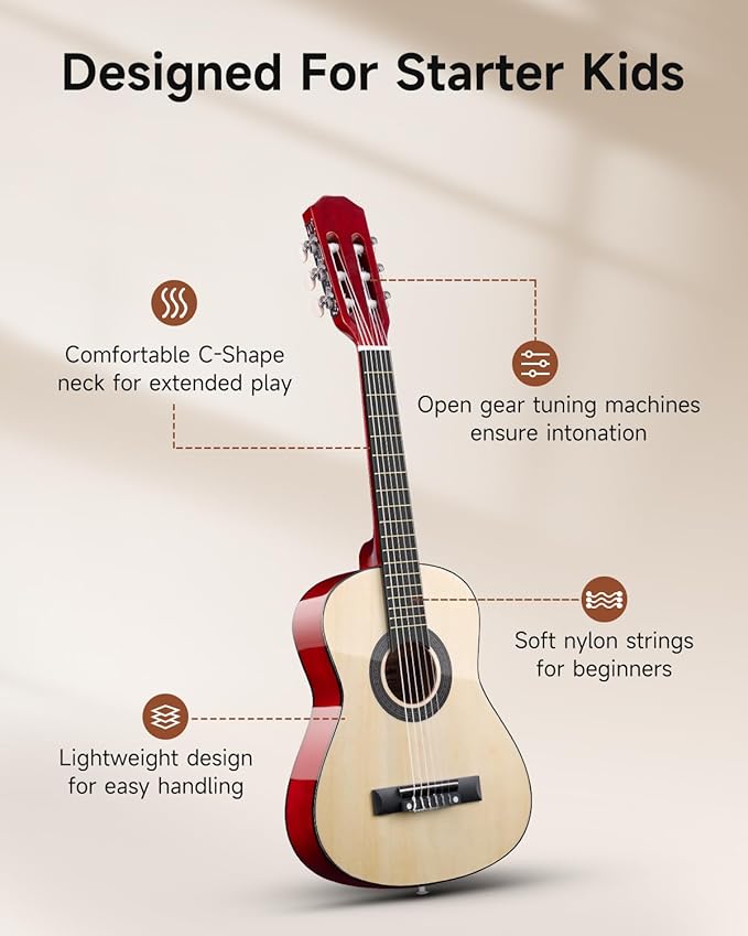 Moukey 30" Acoustic Guitar for Beginners Kids Youth 1/4 Size Dreadnought Guitarra Acustica Kit with Chord Poster, Gig Bag, Tuner, Picks, Nylon Strings, Capo, Strap - Natural