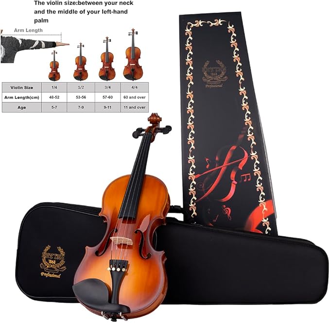 Rhythm Violin Set for Beginners,Acoustic Violins Starter Kit Package for Student,Beginners Fiddle with Hard Case, Rosin, Shoulder Rest, Bow, and Extra Strings (NATURAL, 3/4)