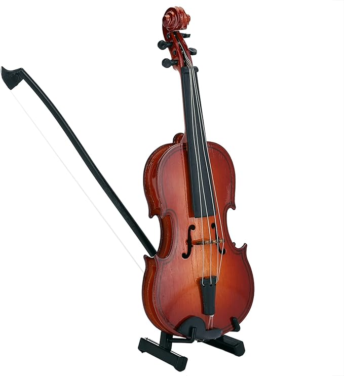 Wooden Miniature Violin Model, 5.5in Mini Musical Instrument Replica Model Handmade Display Accessory with Bow and Case for Room Home Office Decoration Ornament Craft Birthday Gift