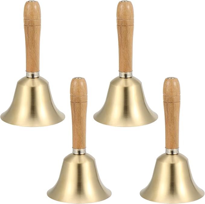 SINJEUN 4 PCS 6 Inch Brass Hand Bell, Solid Brass Hand Call Bells with Wooden Handle, Loud Ringing Bell Restaurant Call Service Bell for Christmas, School, Home, Restaurant, Bride Wedding