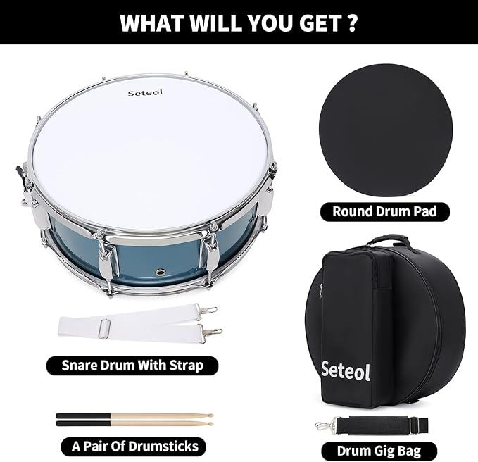 Snare Drum Kit, 14" x 5.5" Marching Snare Drum + Storage Padded Bag + Silent Mute Pad + A Pair Of 5A Drumsticks + Drums Key, Portable Drums Hardware Set for Adults Kids Student Beginners (Blue)