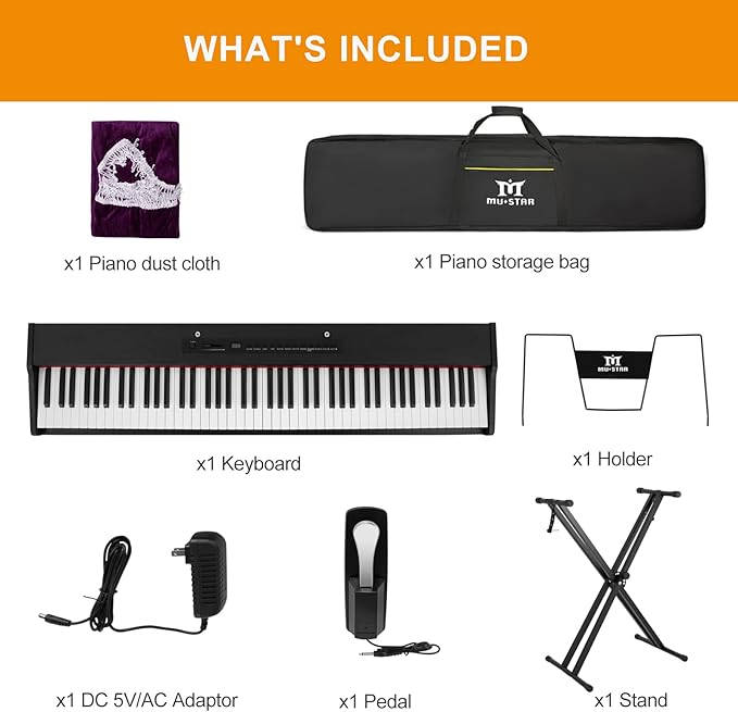 MUSTAR Digital Piano 88 Key Weighted with Stand, 88 Key Semi Weighted Keyboard Piano MEP-900, Portable Electric Piano Keyboard 88 Keys with Bluetooth Connection, Case, Sustain Pedal, MDF, Black