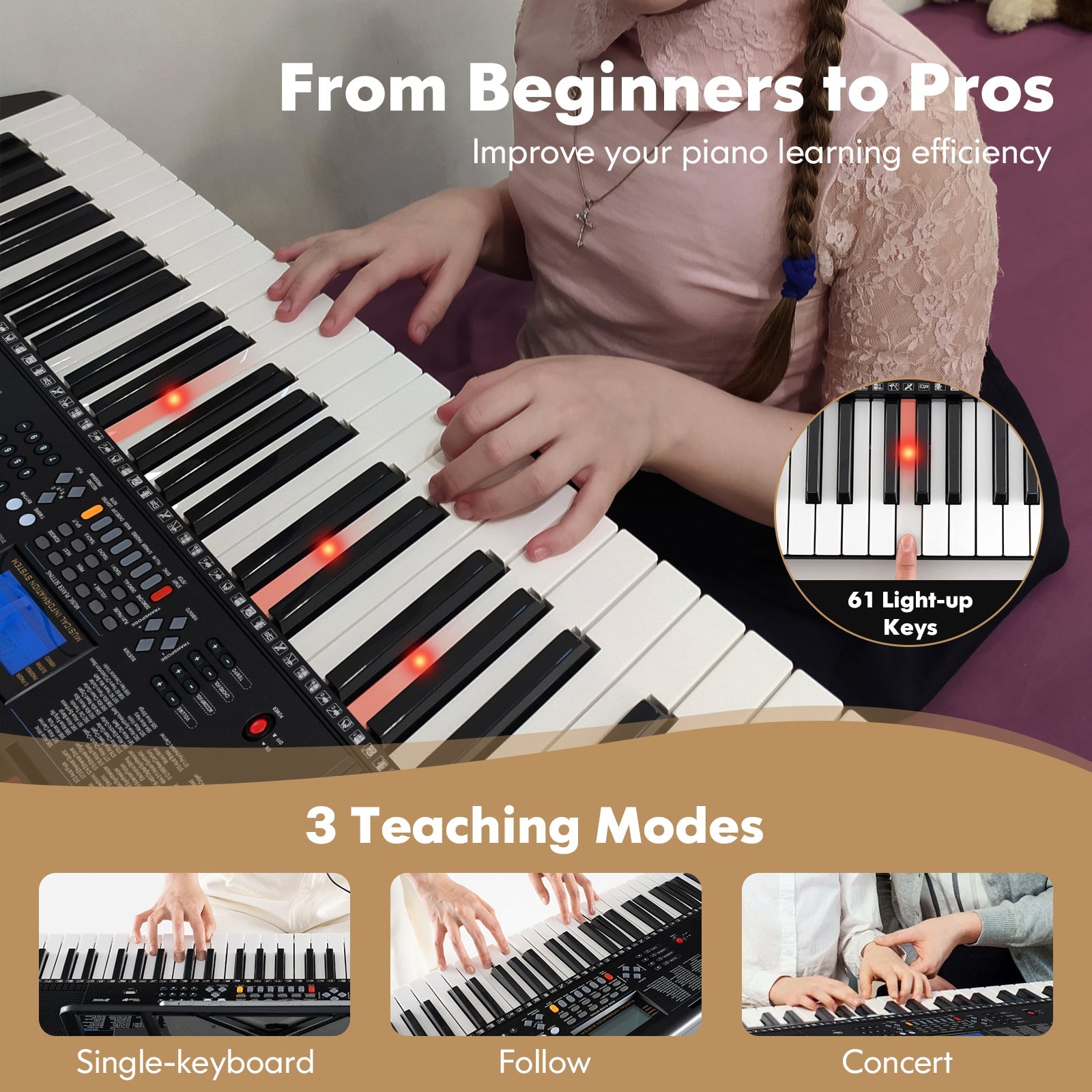 61-Key Portable Electronic Keyboard Piano with Stand and Stool