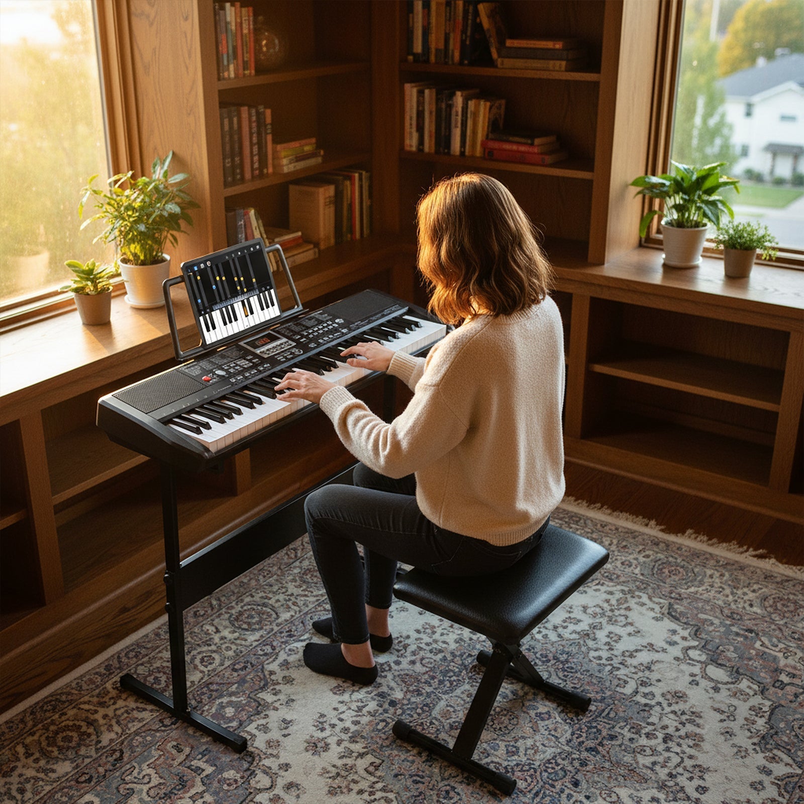 61 Keys Beginners Piano Keyboard Electric Keyboard Kit with Adjustable Stand and Stool-Black