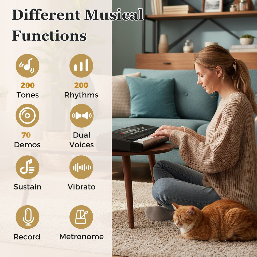 61 Keys Beginners Piano Keyboard Electric Keyboard Kit with Adjustable Stand and Stool-Black