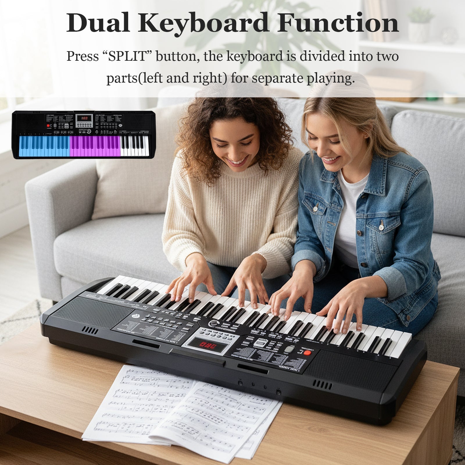 61 Keys Beginners Piano Keyboard Electric Keyboard Kit with Adjustable Stand and Stool-Black