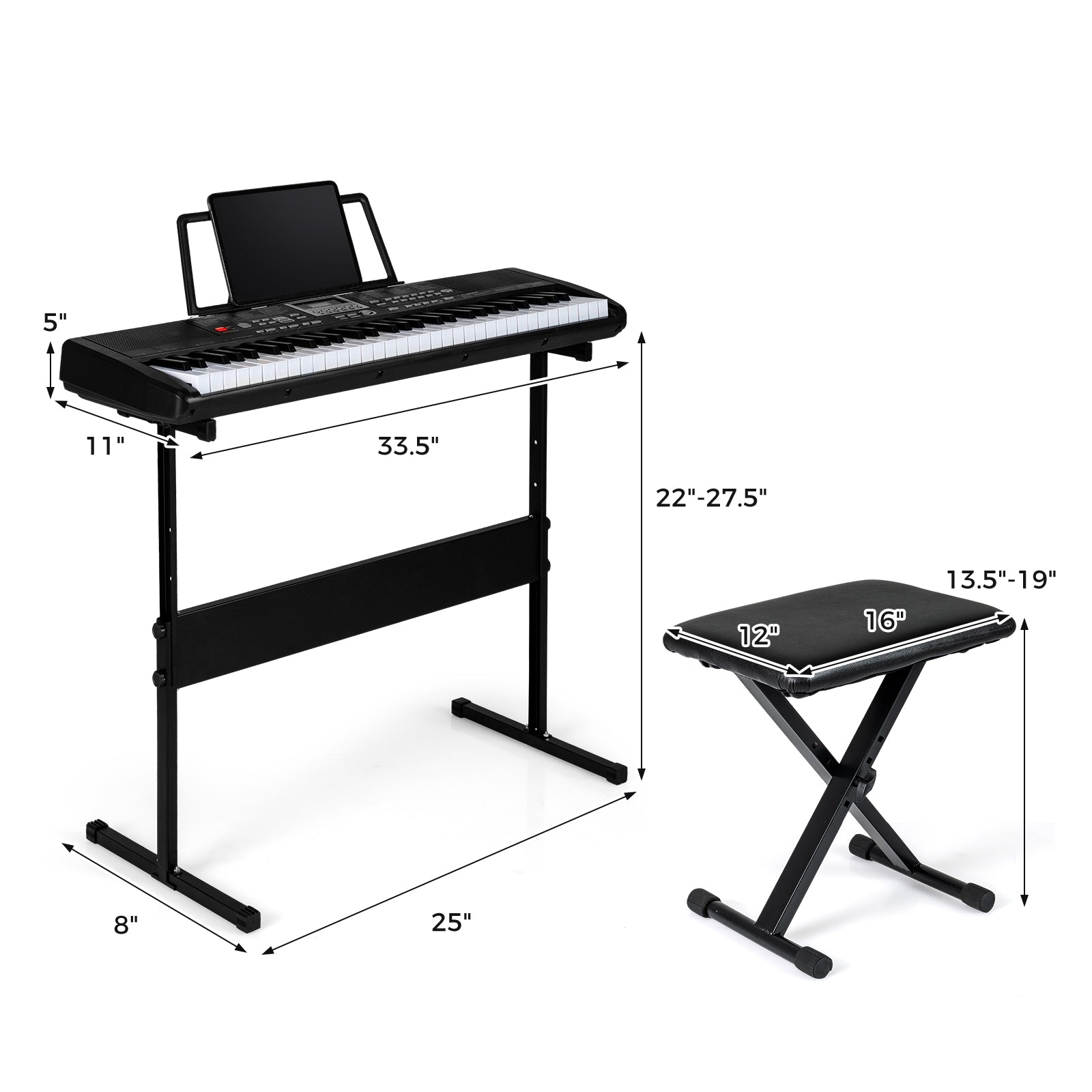 61 Keys Beginners Piano Keyboard Electric Keyboard Kit with Adjustable Stand and Stool-Black